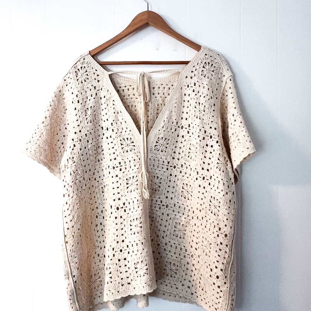 NEW Fat Face Patchwork Crochet Cream Short Sleeve Top Size 14 - Picture 9 of 14